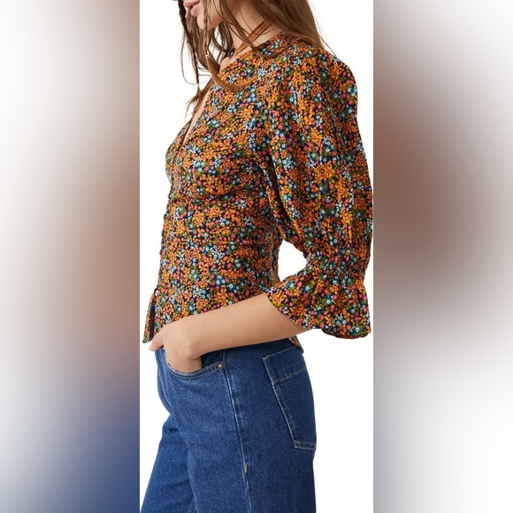 Free People I Found You Navy Combo Floral Print Blouse Button Down Top Small - Picture 4 of 7
